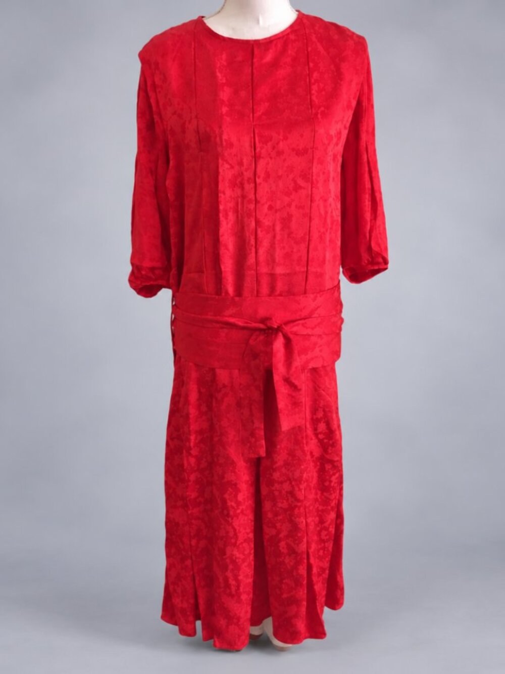 Vintage Lopez Knudsen Red Silk Jacquard Evening Gown Belted Dress 8
